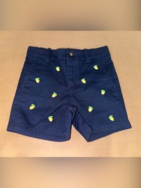 Janie and Jack embroidered twill shorts in navy color with Lemon motifs. 🍋